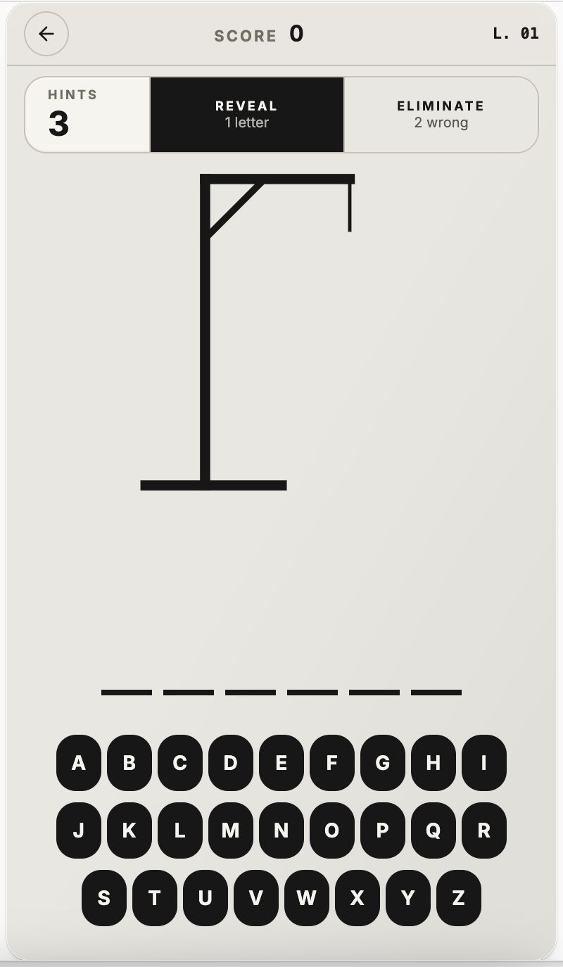 Hangman gameplay in progress showing the gallows and A–Z keyboard