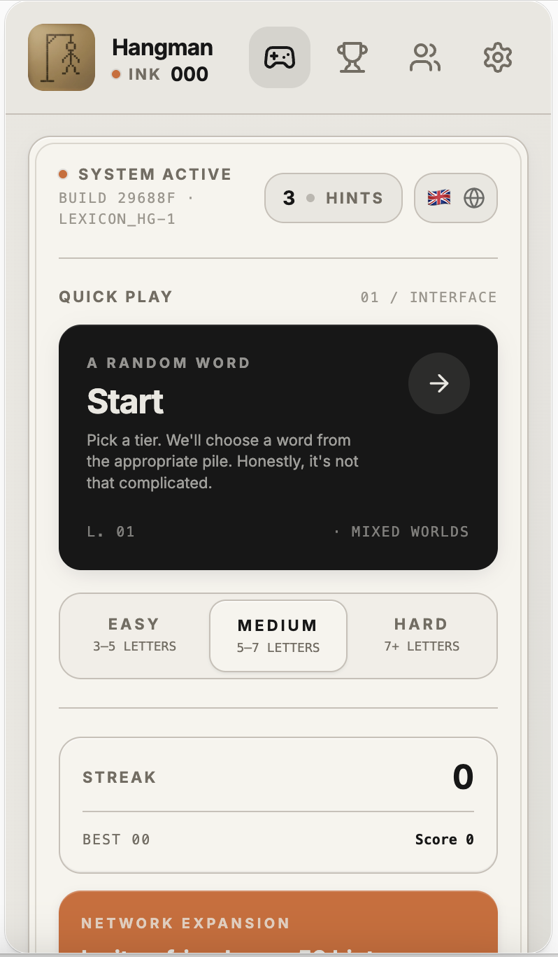 Hangman home screen with Quick Play, difficulty tiers and streak card
